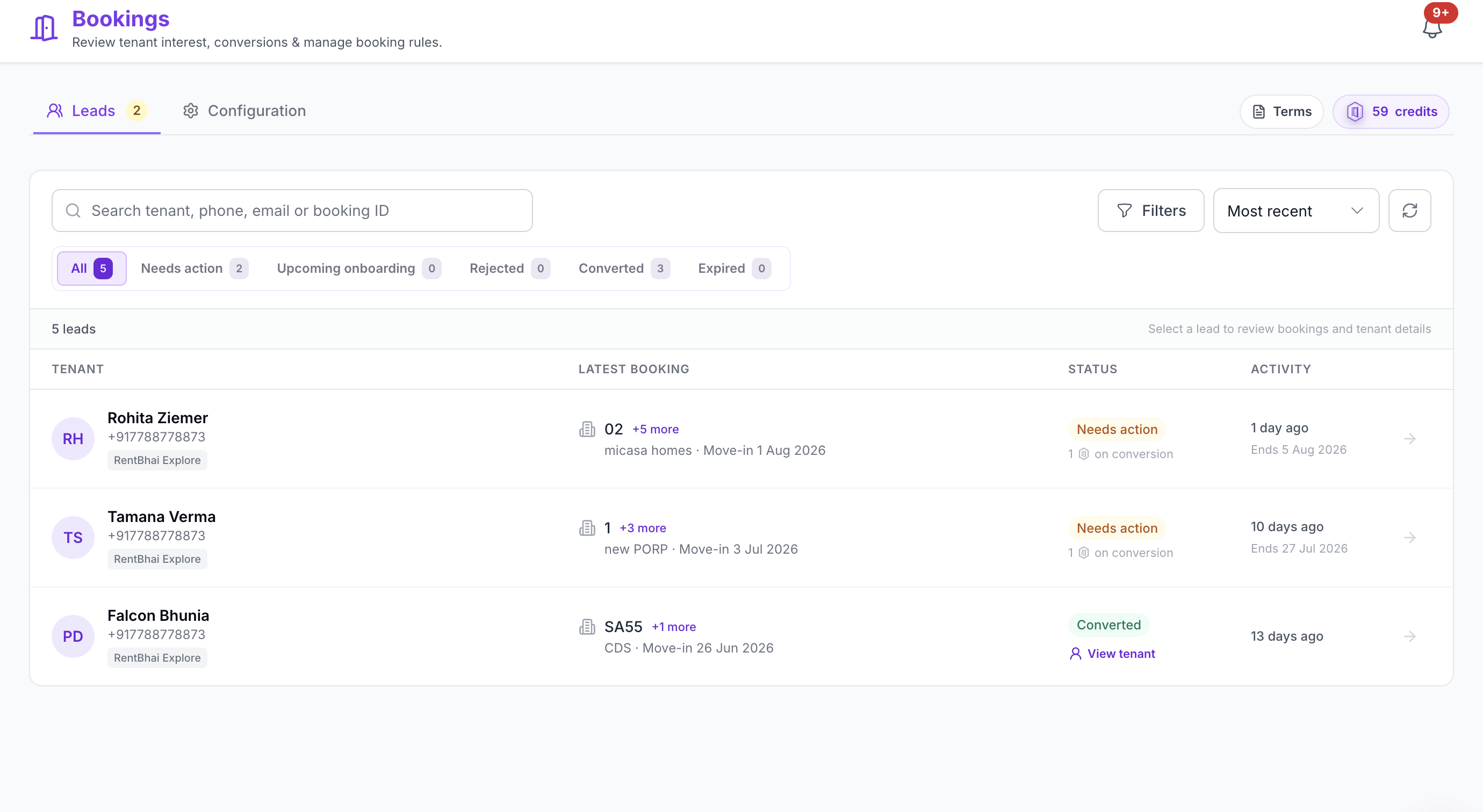 RentBhai booking inbox with reservation requests and approvals in one queue