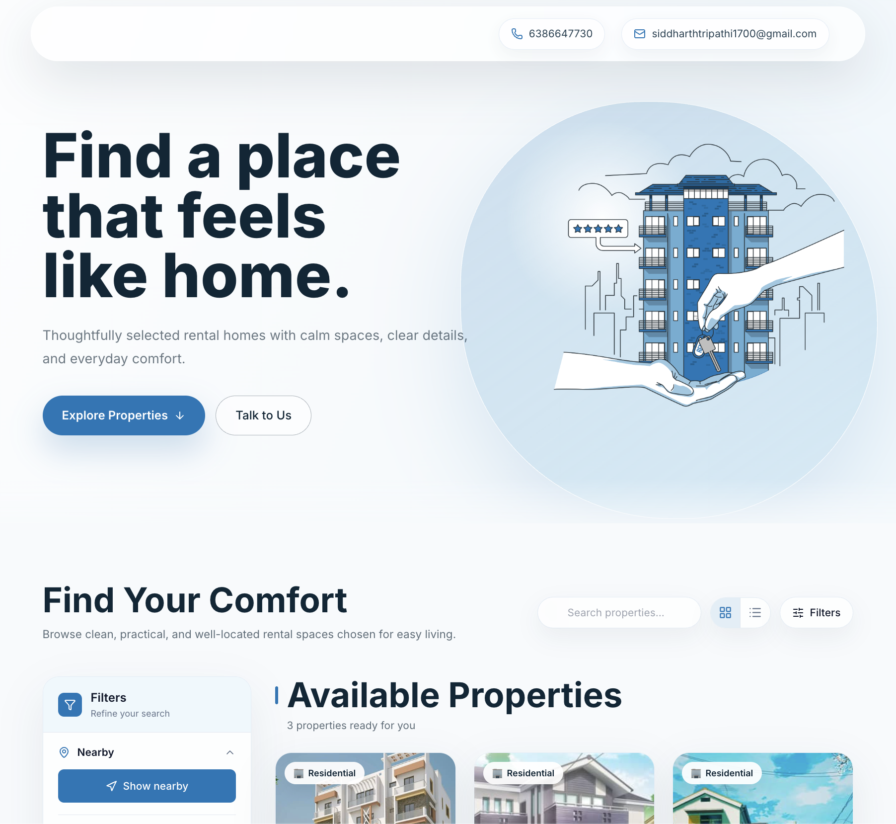 A branded property catalogue website powered by RentBhai on a custom domain