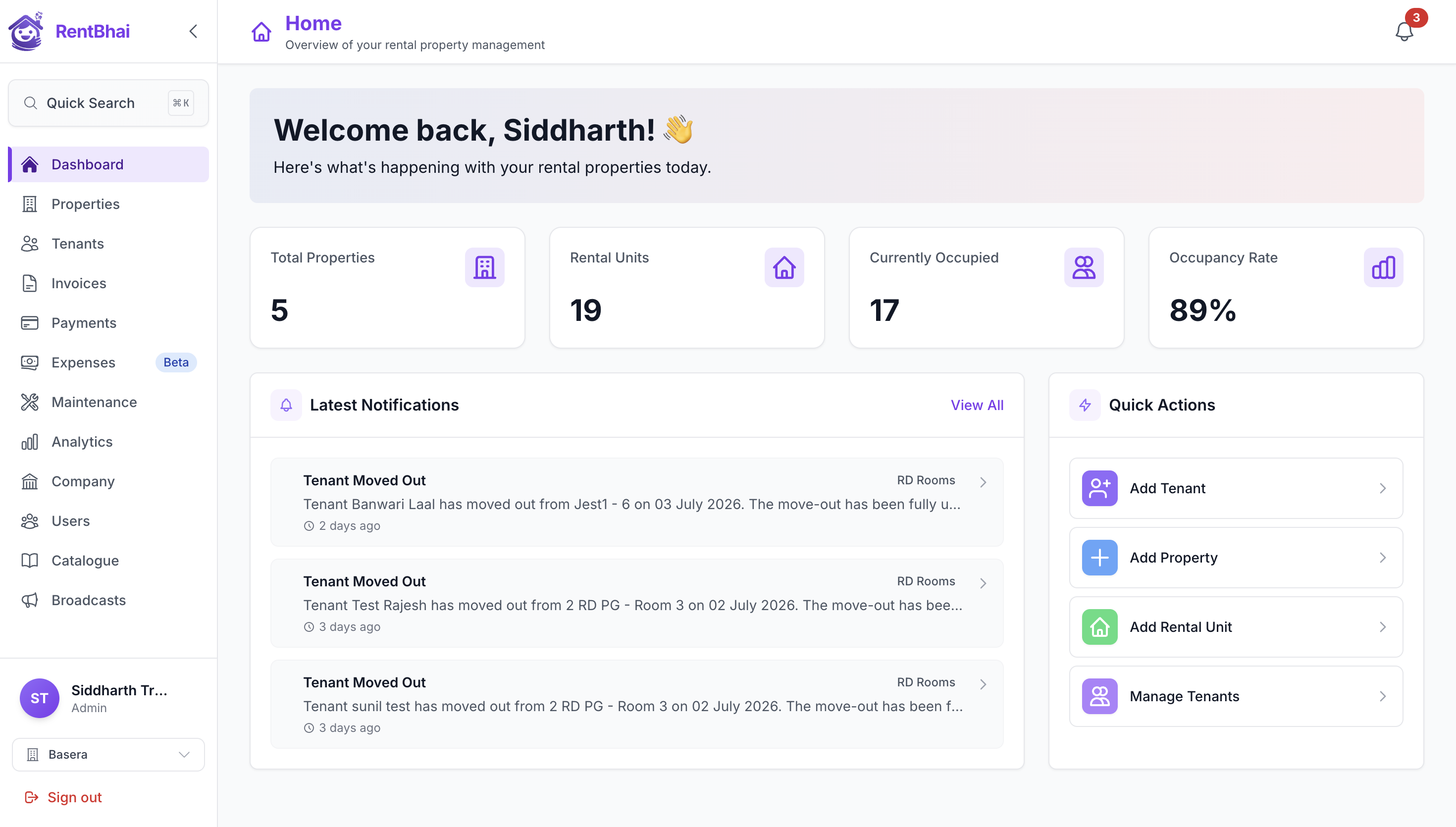 RentBhai dashboard showing rental properties, units, occupancy and quick actions