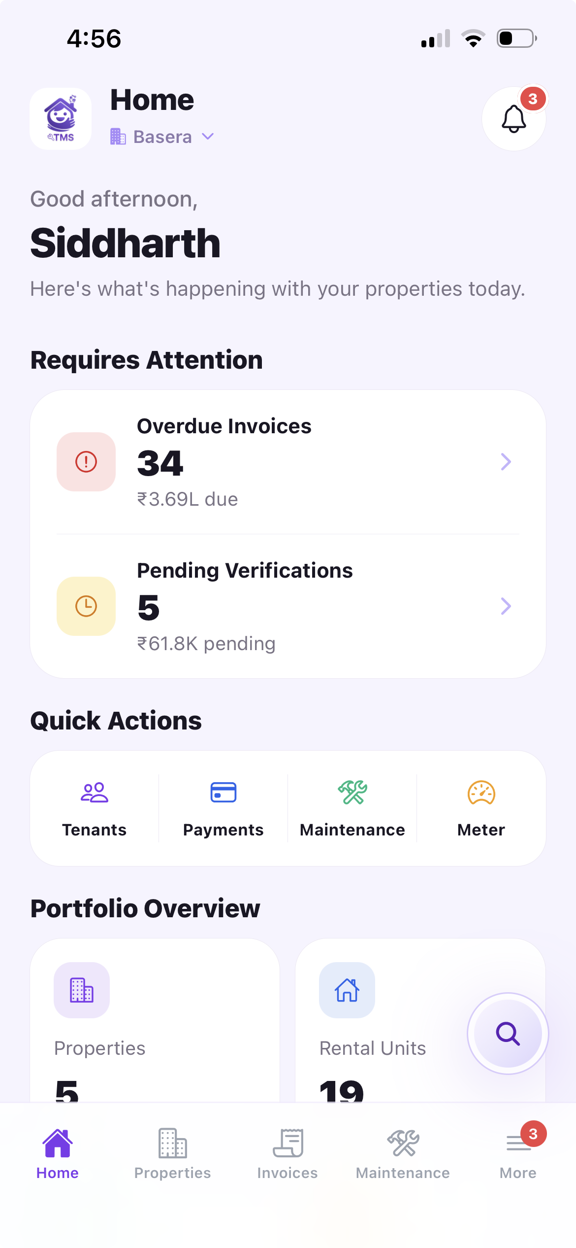 RentBhai TMS manager app showing dues, bookings and tickets on the go