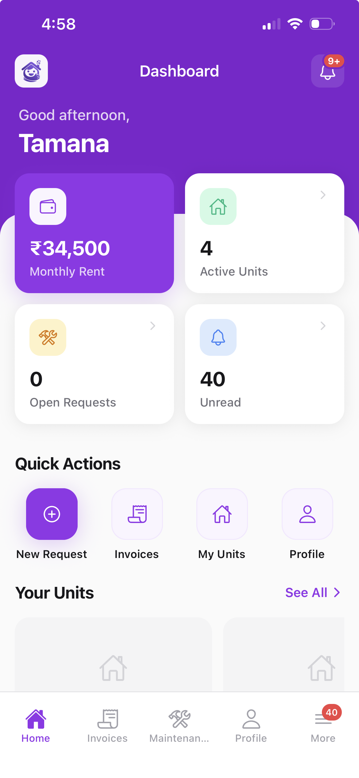RentBhai tenant app home screen with current bill and quick actions