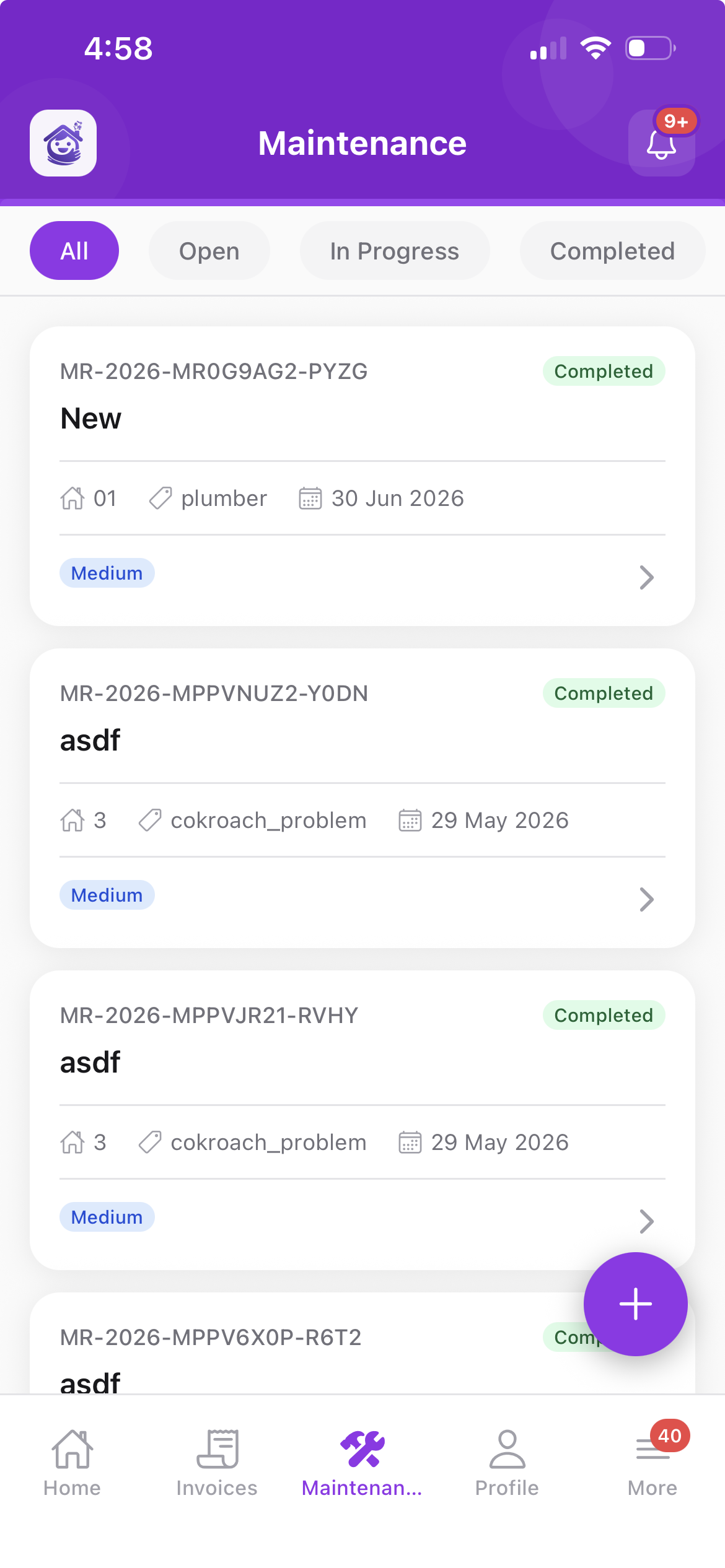 RentBhai tenant app repair request with photo and live status