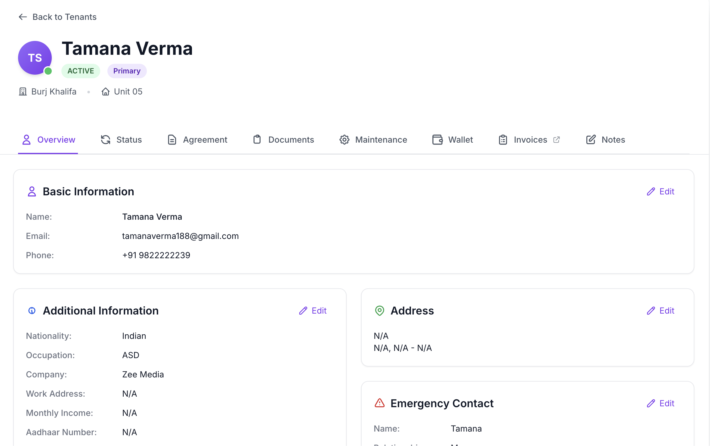 A tenant profile in RentBhai with KYC documents, agreement and rent ledger